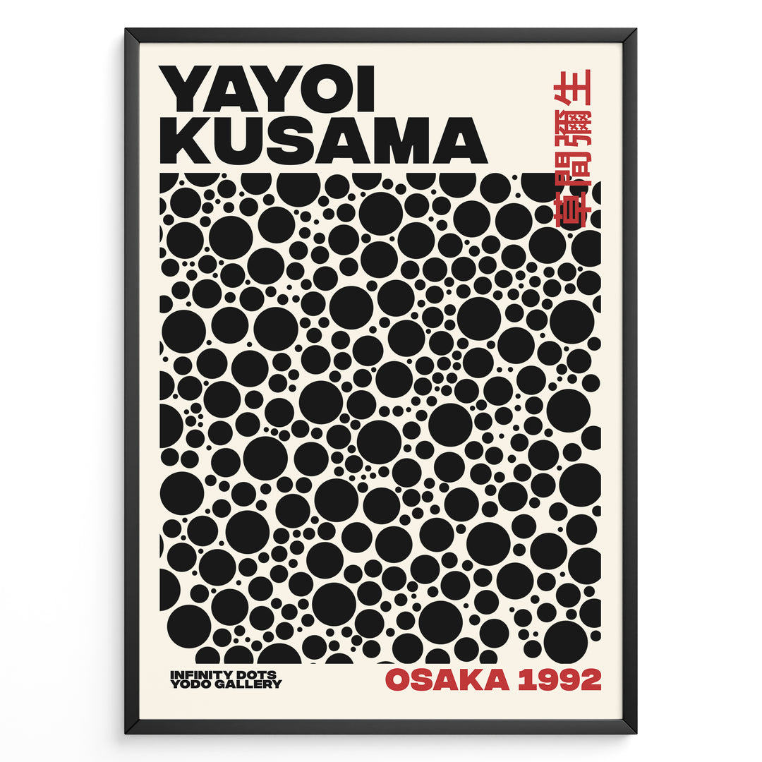 Framed Yayoi Kusama Infinity Dots art poster with black circular patterns and red Osaka 1992 text on a beige background.