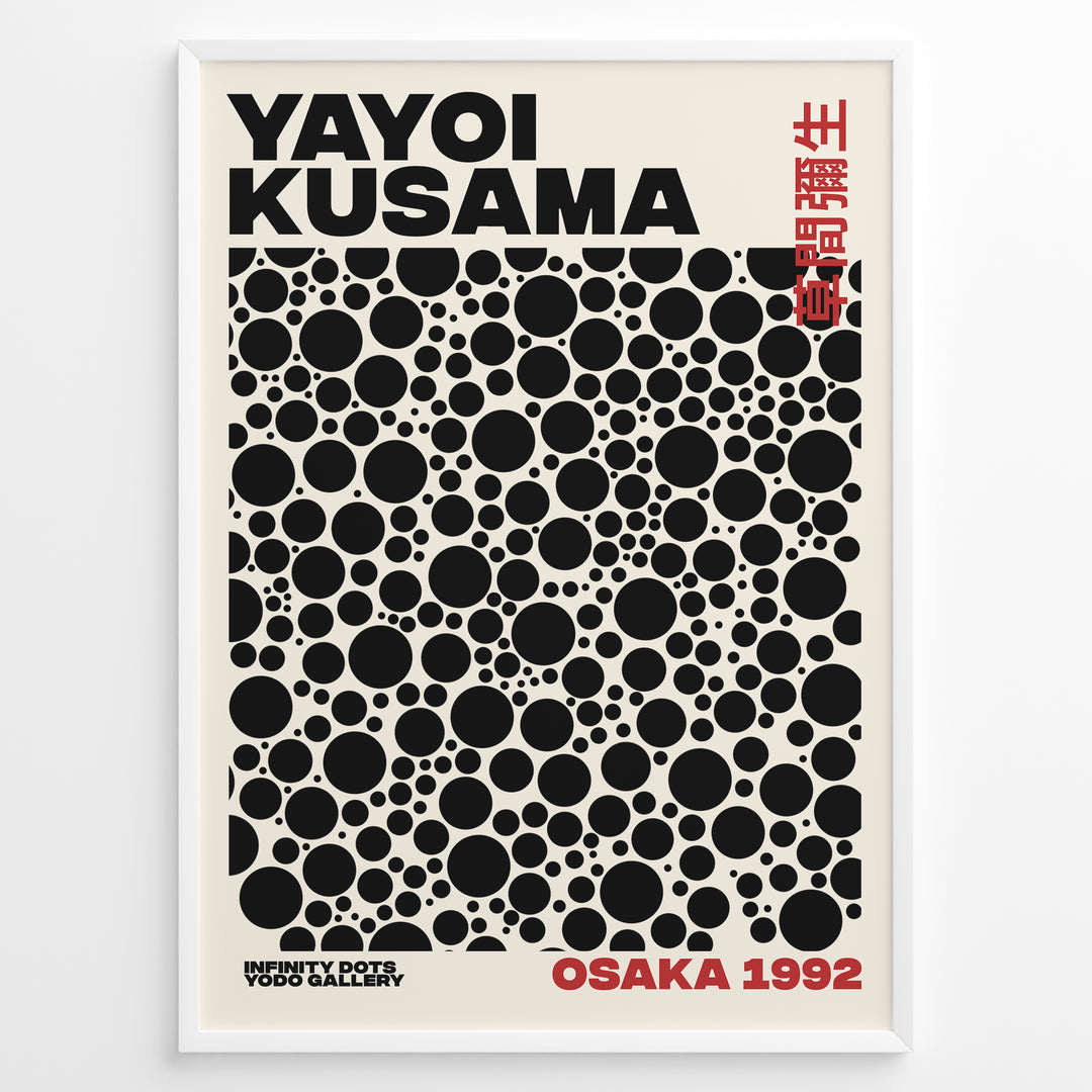 Framed Yayoi Kusama Infinity Dots art poster with black circular patterns and red Osaka 1992 text on a beige background.