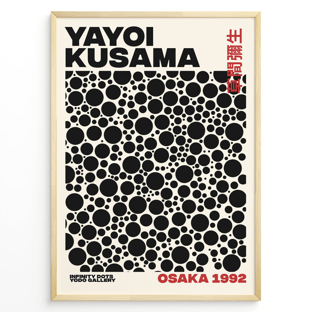 Framed Yayoi Kusama Infinity Dots art poster with black circular patterns and red Osaka 1992 text on a beige background.