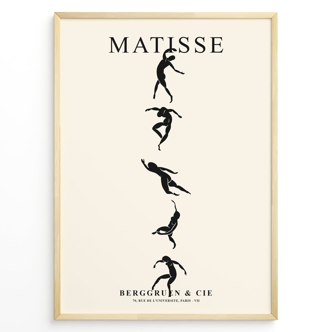 Framed Matisse art poster with black dancing silhouettes arranged vertically on a beige background.