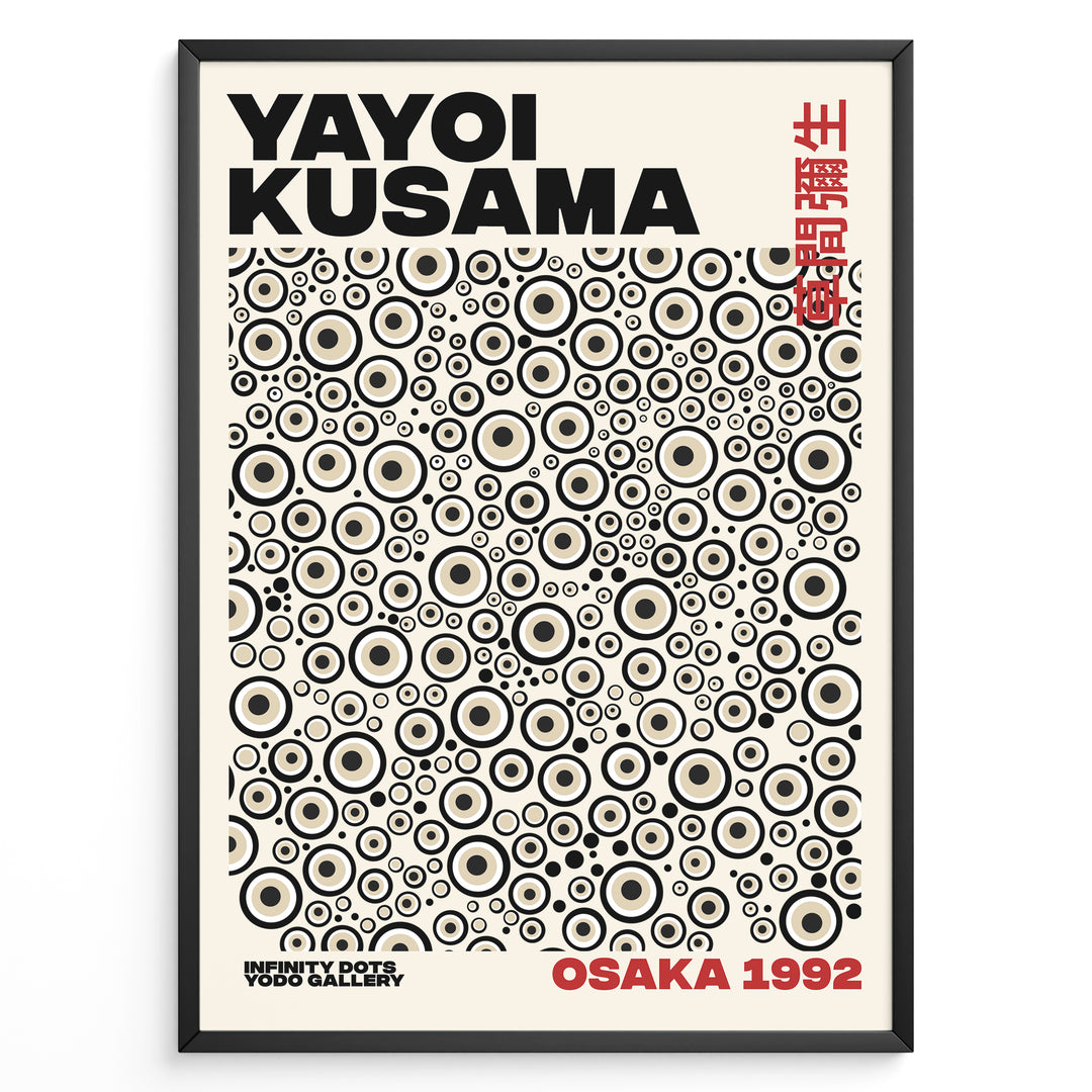 Framed Yayoi Kusama Infinity Dots art poster with layered beige and black circular patterns and red Osaka 1992 text.