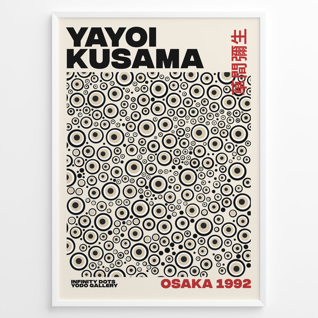Framed Yayoi Kusama Infinity Dots art poster with layered beige and black circular patterns and red Osaka 1992 text.