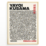 Indlæs billede til gallerivisning Framed Yayoi Kusama Infinity Dots art poster with layered beige and black circular patterns and red Osaka 1992 text.
