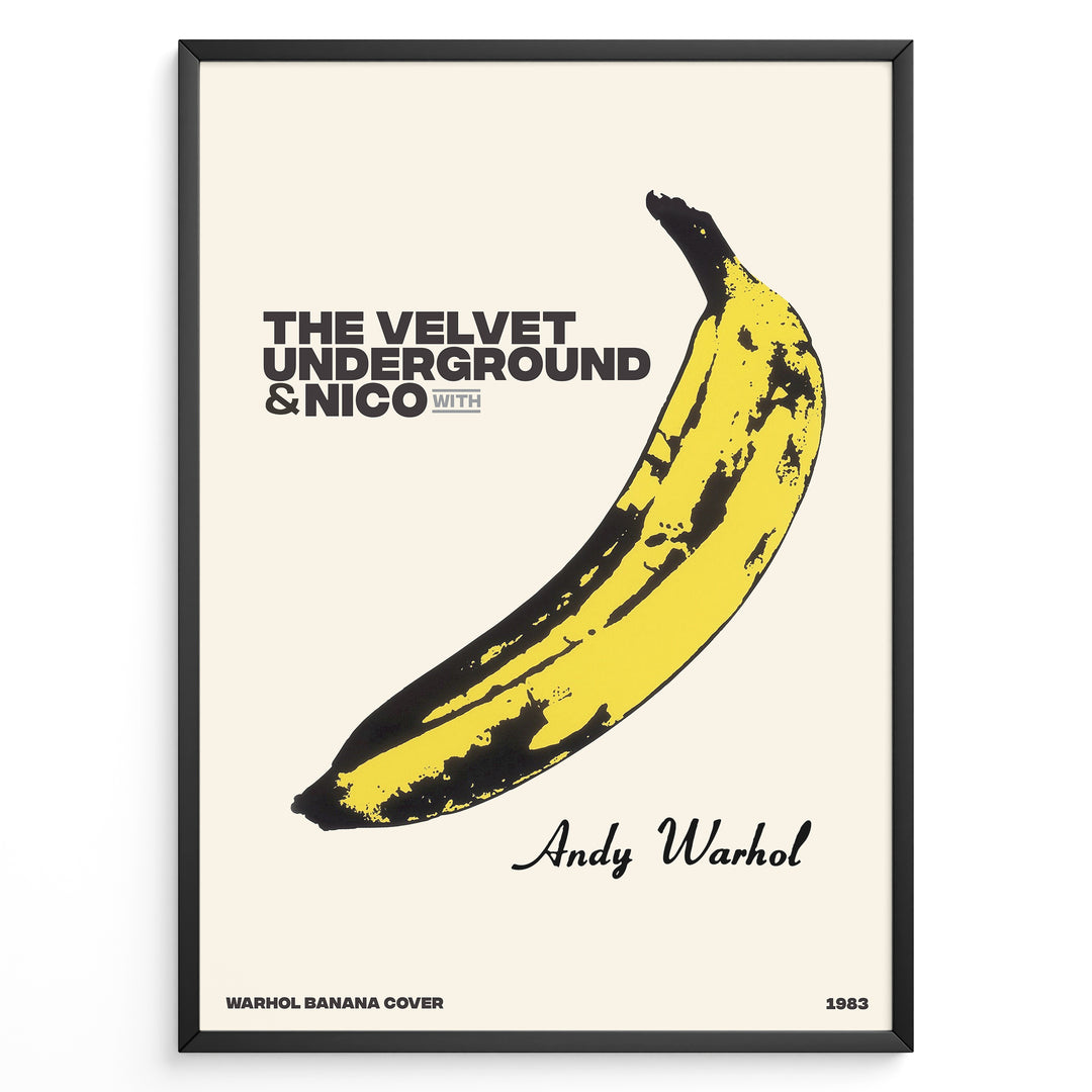 Framed Andy Warhol Banana art poster featuring The Velvet Underground & Nico text on a beige background.