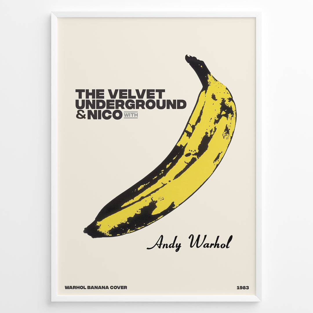 Framed Andy Warhol Banana art poster featuring The Velvet Underground & Nico text on a beige background.