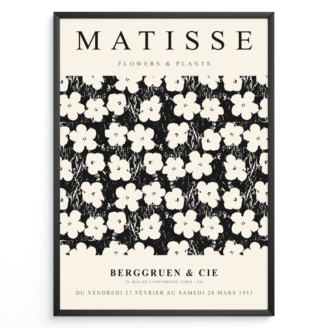 Framed Matisse Flowers & Plants art poster with black and white floral pattern and minimalist typography.