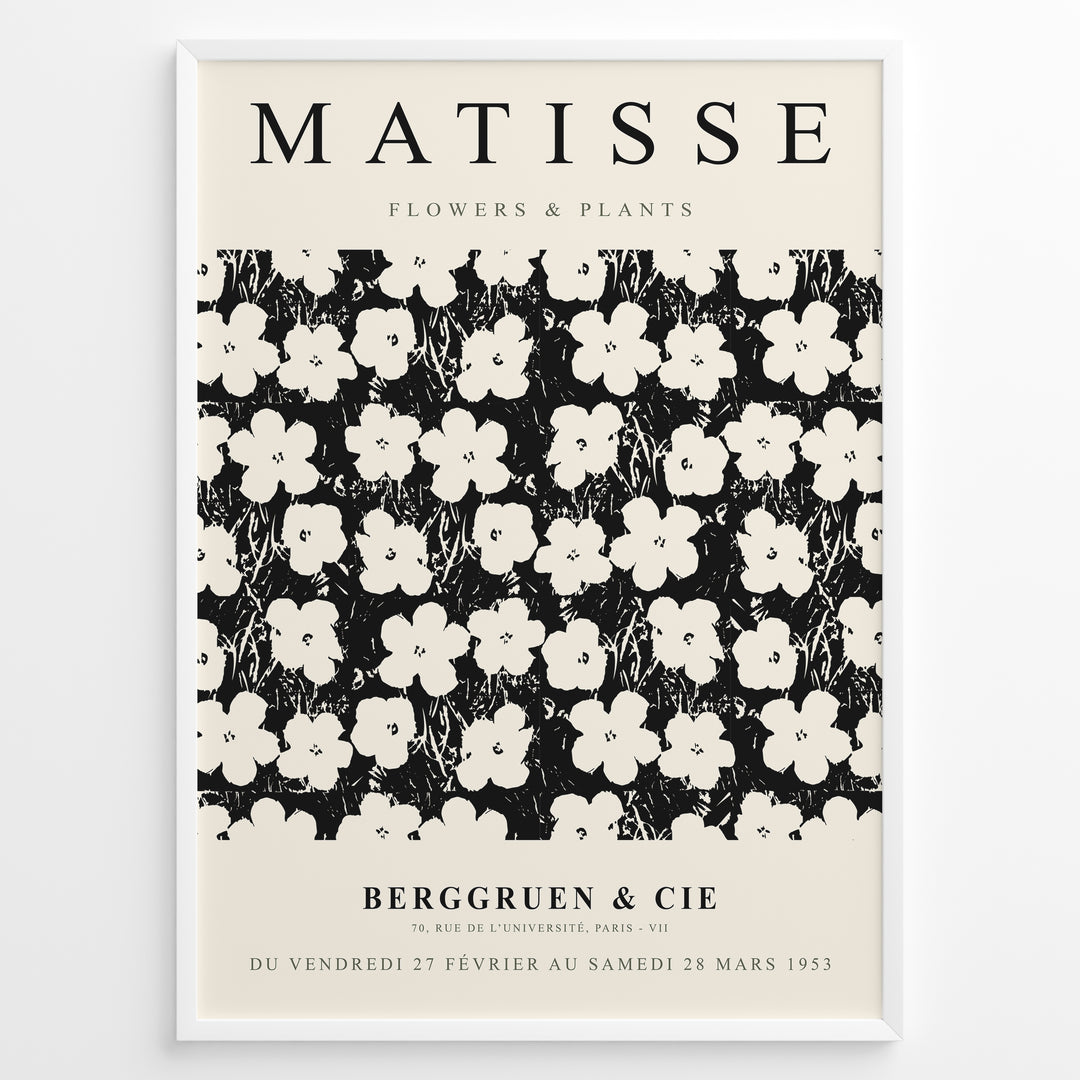 Framed Matisse Flowers & Plants art poster with black and white floral pattern and minimalist typography.