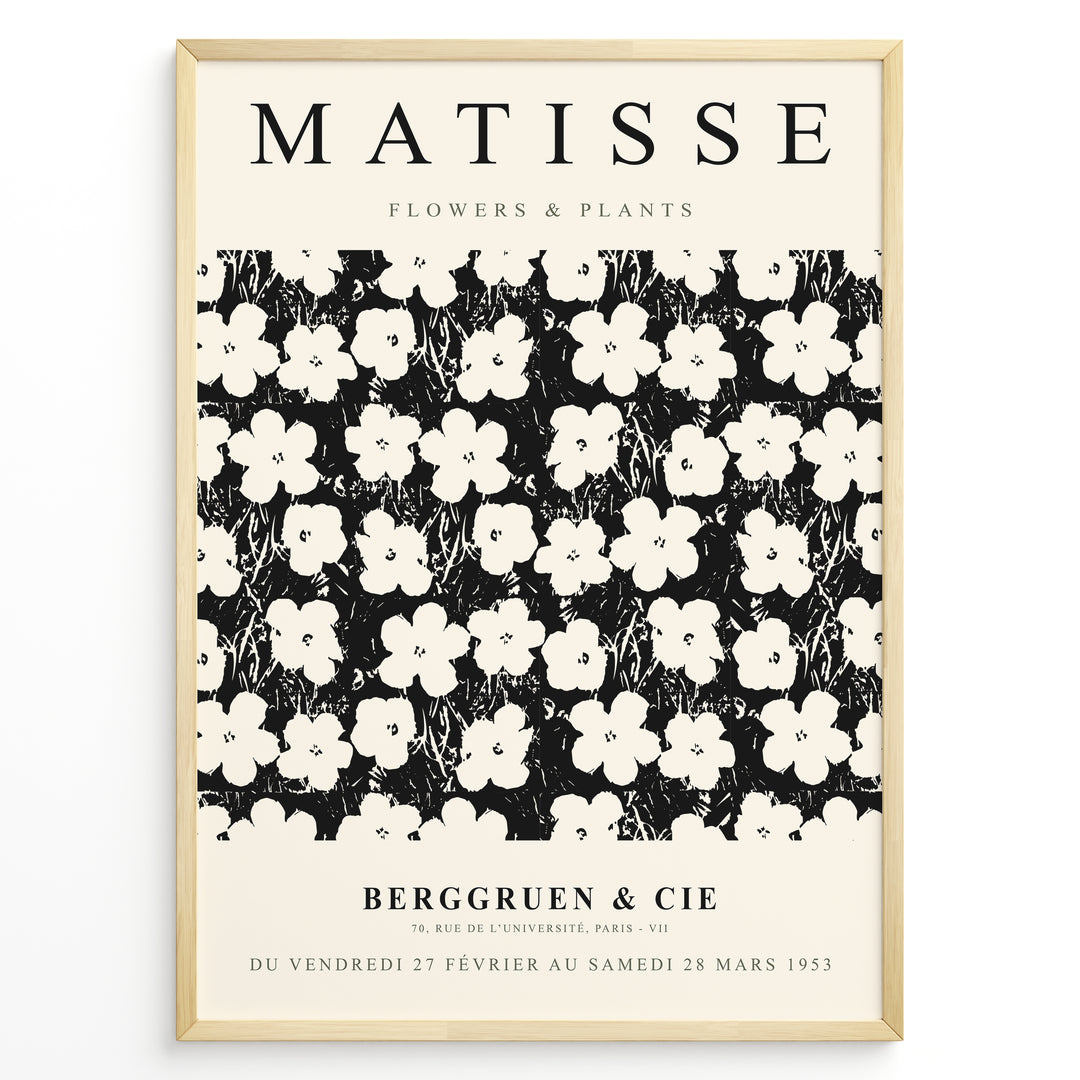 Framed Matisse Flowers & Plants art poster with black and white floral pattern and minimalist typography.