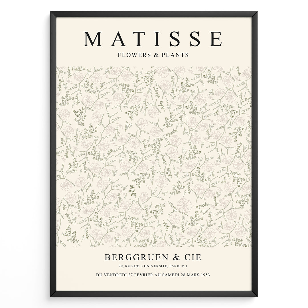 Framed Matisse Flowers & Plants poster with light botanical line art in green and beige tones on a minimalist background.