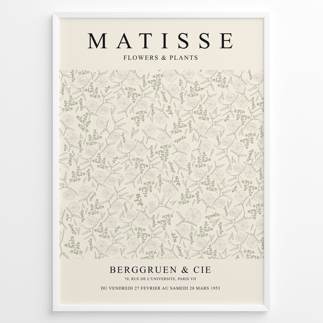 Framed Matisse Flowers & Plants poster with light botanical line art in green and beige tones on a minimalist background.