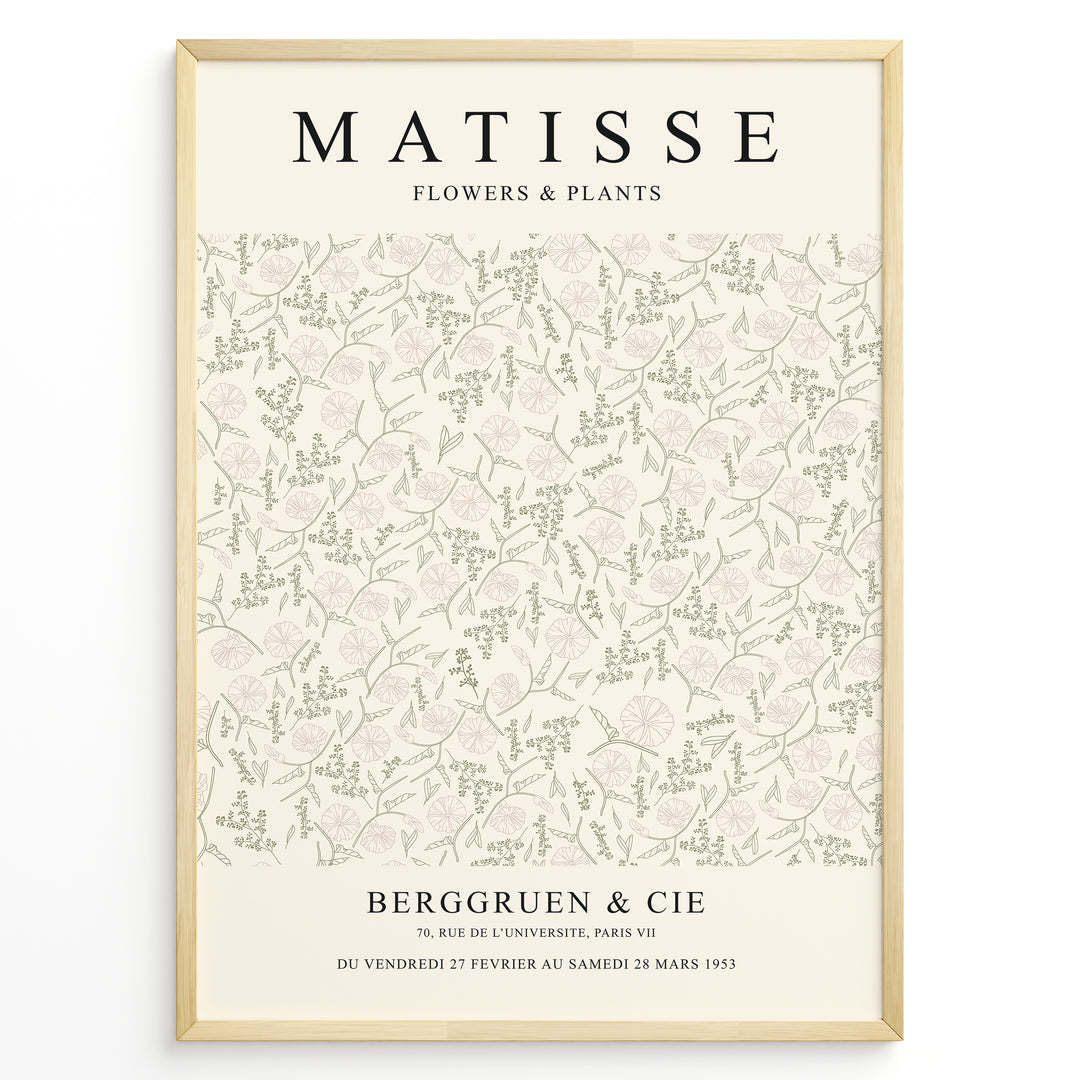 Framed Matisse Flowers & Plants poster with light botanical line art in green and beige tones on a minimalist background.