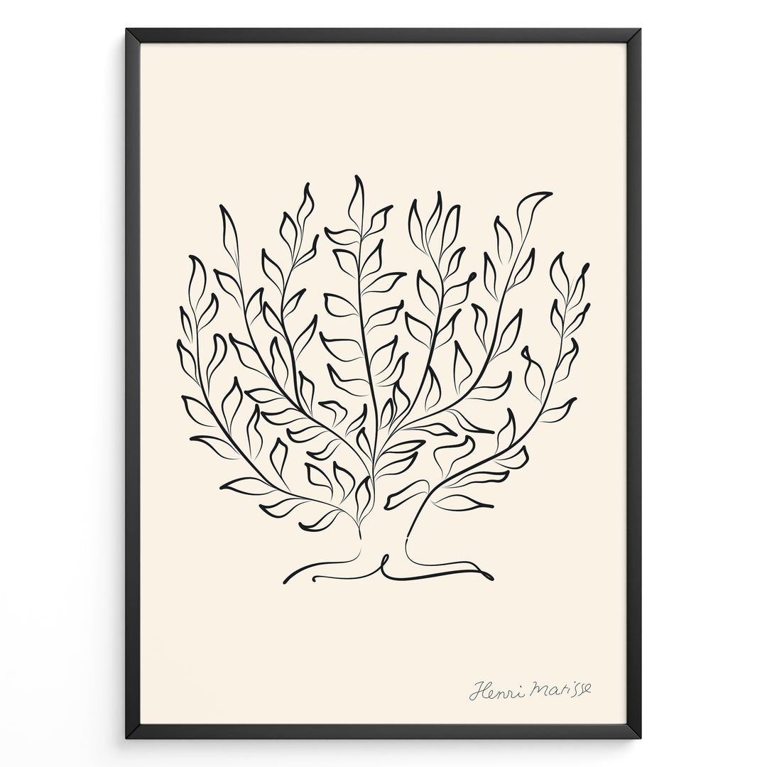 Framed Henri Matisse botanical line art poster with black abstract leaf design on a beige background.