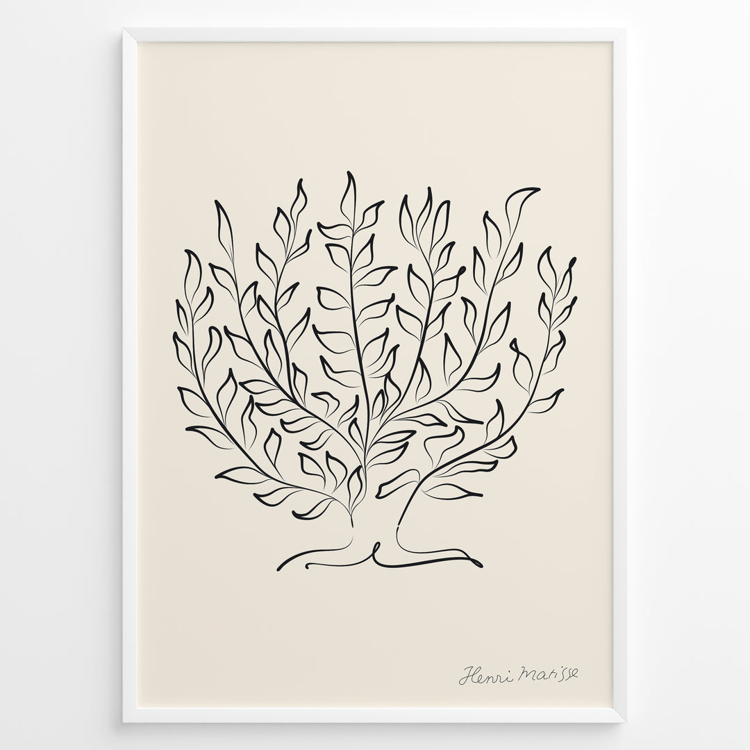 Framed Henri Matisse botanical line art poster with black abstract leaf design on a beige background.