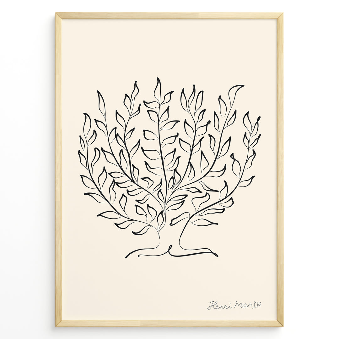 Framed Henri Matisse botanical line art poster with black abstract leaf design on a beige background.