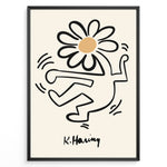 Indlæs billede til gallerivisning Framed Keith Haring-style poster showing a black outlined dancing figure with a daisy flower head on a beige background.
