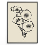 Indlæs billede til gallerivisning Minimalist black and white poppy flower line art print in a modern black frame on beige background
