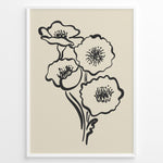 Indlæs billede til gallerivisning Minimalist black and white poppy flower line art print in a modern black frame on beige background

