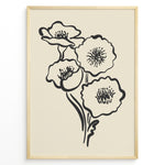 Indlæs billede til gallerivisning Minimalist black and white poppy flower line art print in a modern black frame on beige background
