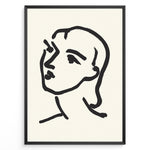 Indlæs billede til gallerivisning Minimalist black and white abstract face line art print plakat in a modern black frame on cream background.
