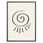 Indlæs billede til gallerivisning Minimalist abstract spiral sun line art print plakat in black frame on cream background.
