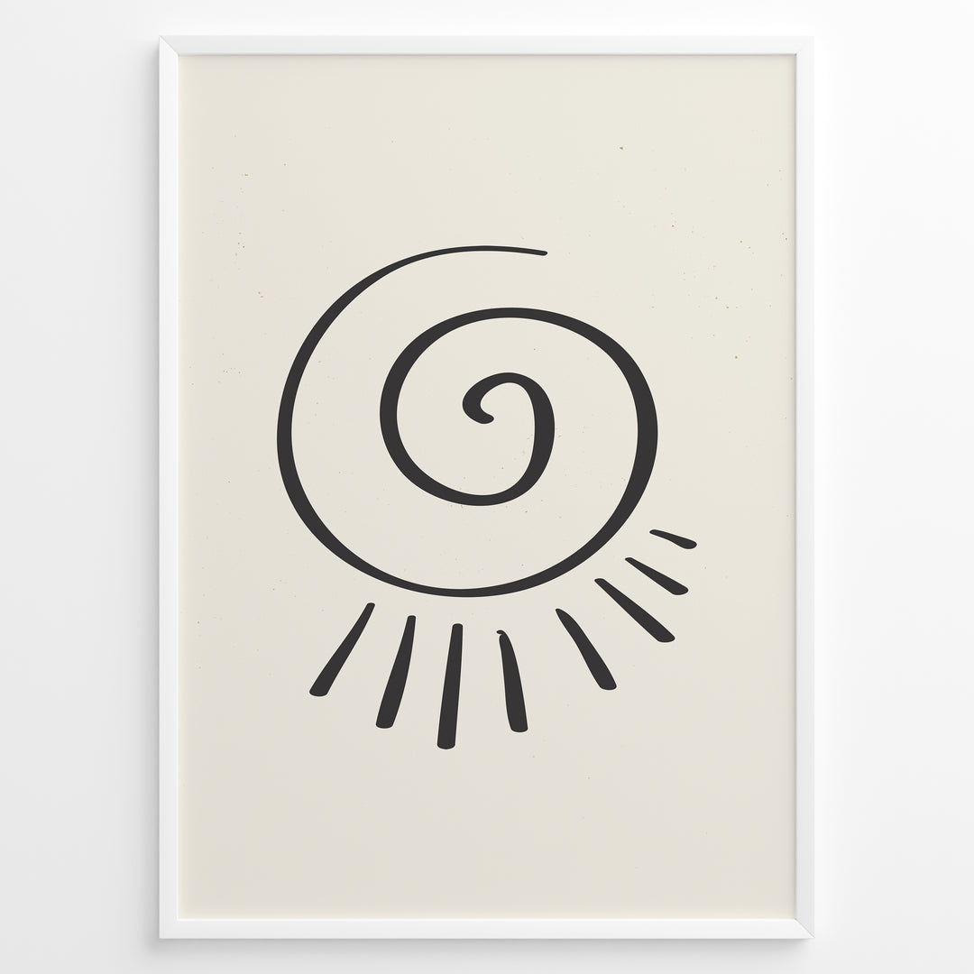 Minimalist abstract spiral sun line art print plakat in black frame on cream background.