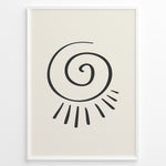 Indlæs billede til gallerivisning Minimalist abstract spiral sun line art print plakat in black frame on cream background.
