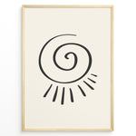 Indlæs billede til gallerivisning Minimalist abstract spiral sun line art print plakat in black frame on cream background.
