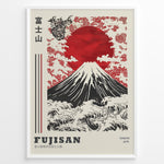 Indlæs billede til gallerivisning Japanske plakater | Traditional Japanese art poster of Mount Fuji (Fujisan) with a red sun, stylized waves, clouds, floral patterns, and a dragon illustration, framed in black.

