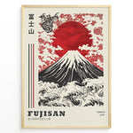 Indlæs billede til gallerivisning Japanske plakater | Traditional Japanese art poster of Mount Fuji (Fujisan) with a red sun, stylized waves, clouds, floral patterns, and a dragon illustration, framed in black.
