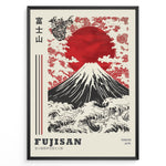 Indlæs billede til gallerivisning Japanske plakater | Traditional Japanese art poster of Mount Fuji (Fujisan) with a red sun, stylized waves, clouds, floral patterns, and a dragon illustration, framed in black.
