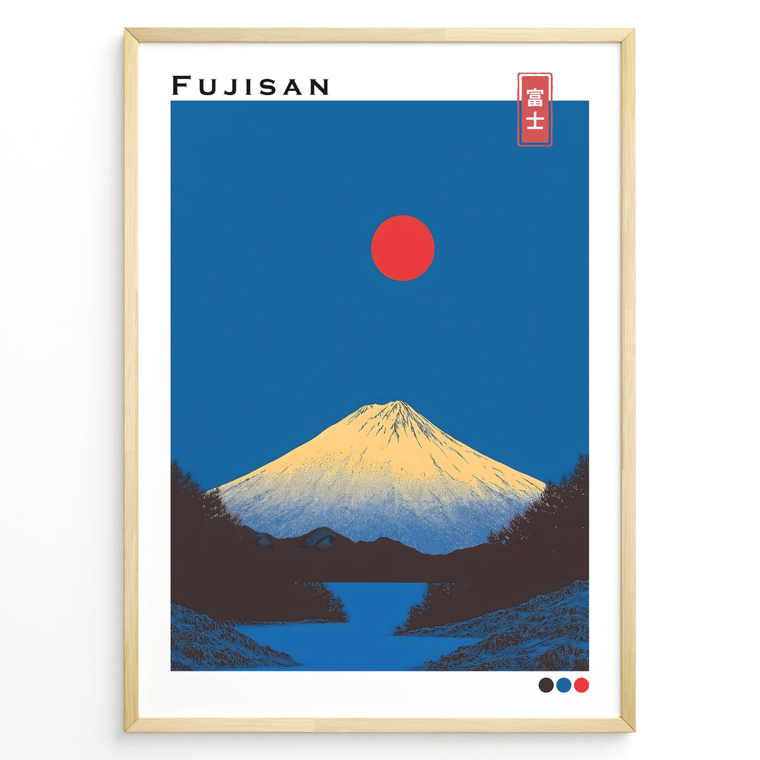 Japanske plakater | Minimalist Fujisan poster featuring Mount Fuji with a red sun and deep blue background in modern Japanese art style.