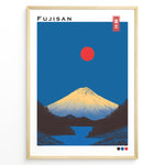 Indlæs billede til gallerivisning Japanske plakater | Minimalist Fujisan poster featuring Mount Fuji with a red sun and deep blue background in modern Japanese art style.
