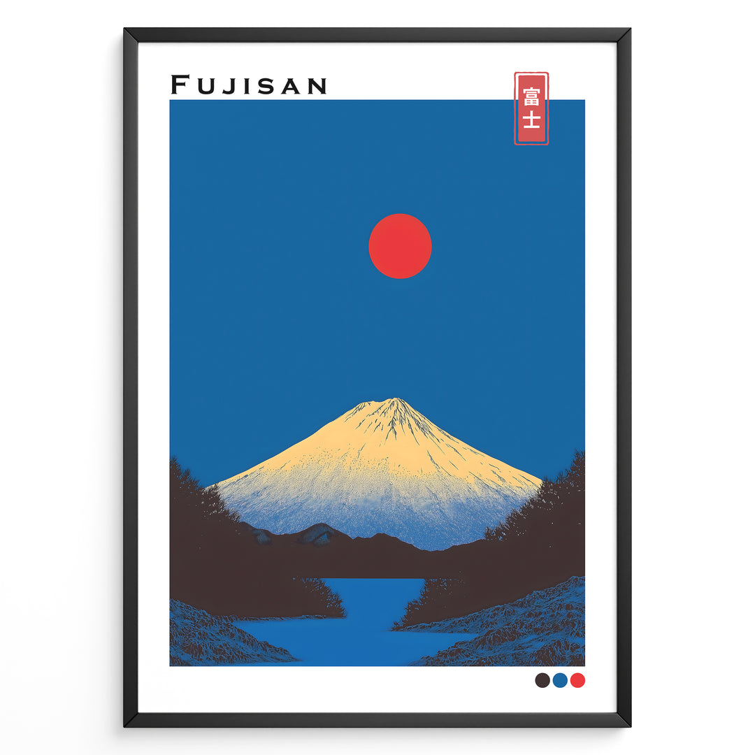 Japanske plakater | Minimalist Fujisan poster featuring Mount Fuji with a red sun and deep blue background in modern Japanese art style.