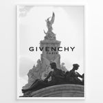 Indlæs billede til gallerivisning Fashion Plakat | Givenchy Paris Monumental Elegance in Black &amp; White Plakaty.dk | Black and white image of a Parisian monument with classical statues, overlaid with the Givenchy Paris logo, symbolizing luxury and timeless style.
