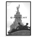 Indlæs billede til gallerivisning Fashion Plakat | Givenchy Paris Monumental Elegance in Black &amp; White Plakaty.dk | Black and white image of a Parisian monument with classical statues, overlaid with the Givenchy Paris logo, symbolizing luxury and timeless style.
