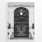 Indlæs billede til gallerivisning Fashion Plakat | Givenchy Parisian Gate – Black &amp; White Luxury Fashion Poster Plakaty.dk | Black and white poster featuring an ornate wrought iron gate on a grand classical building, with the word &quot;GIVENCHY&quot; centered in minimalist typography.
