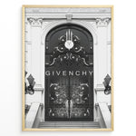 Indlæs billede til gallerivisning Fashion Plakat | Givenchy Parisian Gate – Black &amp; White Luxury Fashion Poster Plakaty.dk | Black and white poster featuring an ornate wrought iron gate on a grand classical building, with the word &quot;GIVENCHY&quot; centered in minimalist typography.
