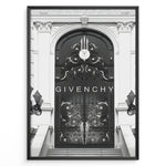 Indlæs billede til gallerivisning Fashion Plakat | Givenchy Parisian Gate – Black &amp; White Luxury Fashion Poster Plakaty.dk | Black and white poster featuring an ornate wrought iron gate on a grand classical building, with the word &quot;GIVENCHY&quot; centered in minimalist typography.
