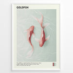 Indlæs billede til gallerivisning Plakater | Digital illustration of two pinkish-orange goldfish swimming in clear water with subtle wave patterns, framed in black with the title &quot;GOLDFISH&quot; and descriptive text below.
