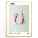Indlæs billede til gallerivisning Plakater | Digital illustration of two pinkish-orange goldfish swimming in clear water with subtle wave patterns, framed in black with the title &quot;GOLDFISH&quot; and descriptive text below.
