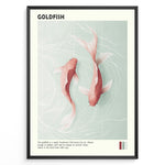 Indlæs billede til gallerivisning Plakater | Digital illustration of two pinkish-orange goldfish swimming in clear water with subtle wave patterns, framed in black with the title &quot;GOLDFISH&quot; and descriptive text below.

