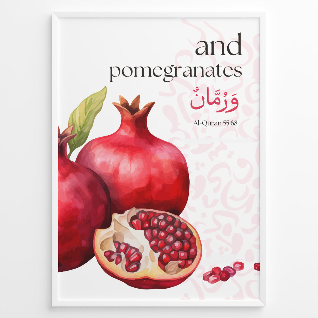 Granatæble plakat med botanisk illustration og engelsk samt arabisk typografi inspireret af Koranens frugter