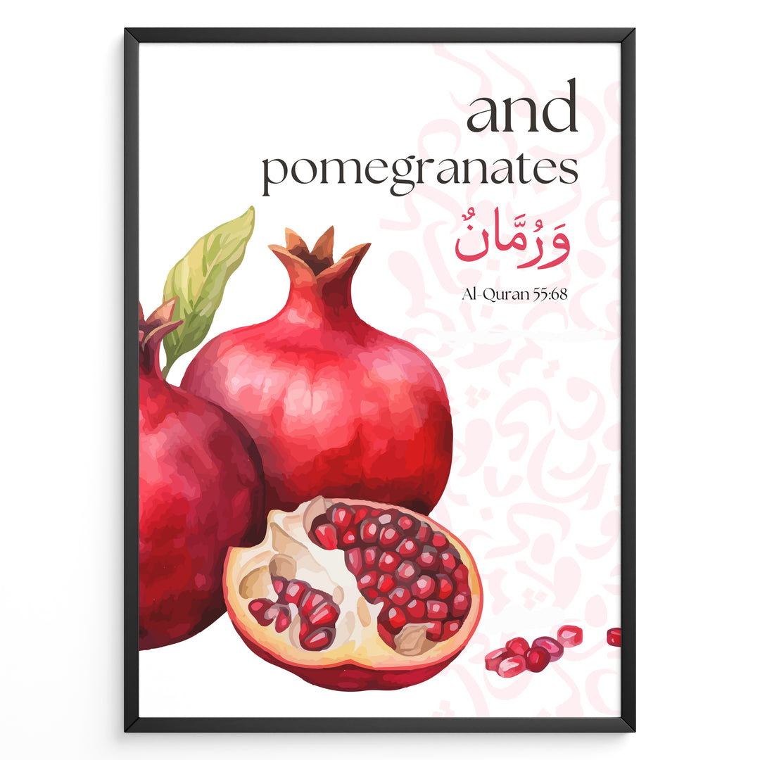 Granatæble plakat med botanisk illustration og engelsk samt arabisk typografi inspireret af Koranens frugter