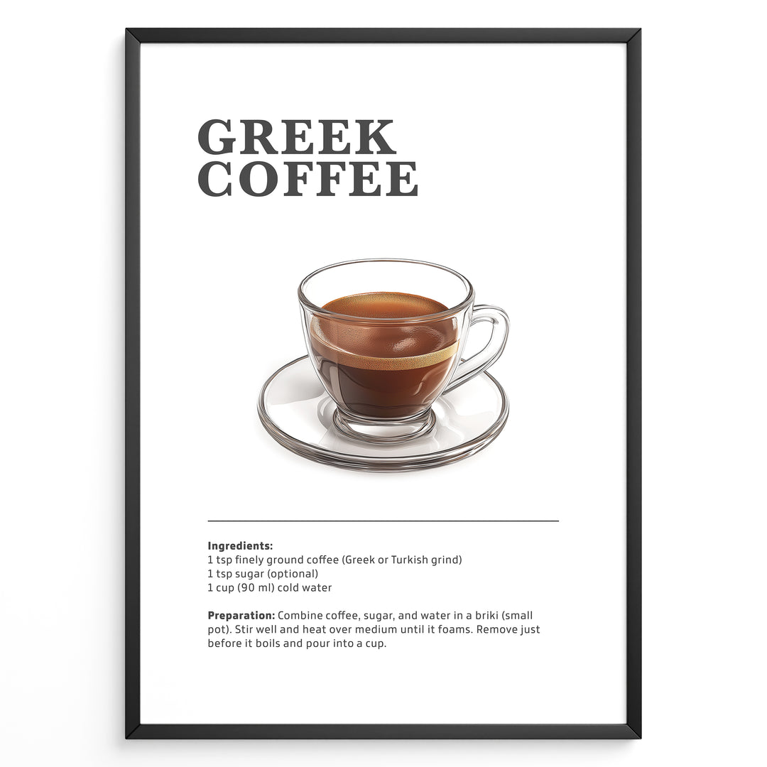 Greek coffee recipe poster featuring a glass cup of traditional briki-made coffee.