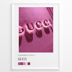 Indlæs billede til gallerivisning Fashion Plakat | Gucci Storefront Wall Art – Florence Italy Plakaty.dk | Gucci logo in glowing pink neon lights on a textured wall in Florence, Italy, with a modern color palette and shadows creating a bold visual effect.
