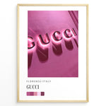 Indlæs billede til gallerivisning Fashion Plakat | Gucci Storefront Wall Art – Florence Italy Plakaty.dk | Gucci logo in glowing pink neon lights on a textured wall in Florence, Italy, with a modern color palette and shadows creating a bold visual effect.
