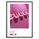 Indlæs billede til gallerivisning Fashion Plakat | Gucci Storefront Wall Art – Florence Italy Plakaty.dk | Gucci logo in glowing pink neon lights on a textured wall in Florence, Italy, with a modern color palette and shadows creating a bold visual effect.
