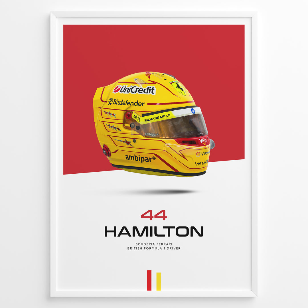 Framed poster of Lewis Hamilton’s yellow Ferrari F1 helmet with red background, featuring number 44 and Scuderia Ferrari branding.