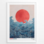 Indlæs billede til gallerivisning Japanske plakater | Japandi-style art print titled &quot;Hinode&quot; featuring a bold red sun rising over flowing blue ocean waves, with minimal text and a soft, neutral background.
