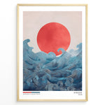 Indlæs billede til gallerivisning Japanske plakater | Japandi-style art print titled &quot;Hinode&quot; featuring a bold red sun rising over flowing blue ocean waves, with minimal text and a soft, neutral background.
